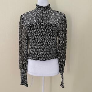 En Saison Women Black & White Embroidered Long Sleeves Smocked Top Size M - NWOT